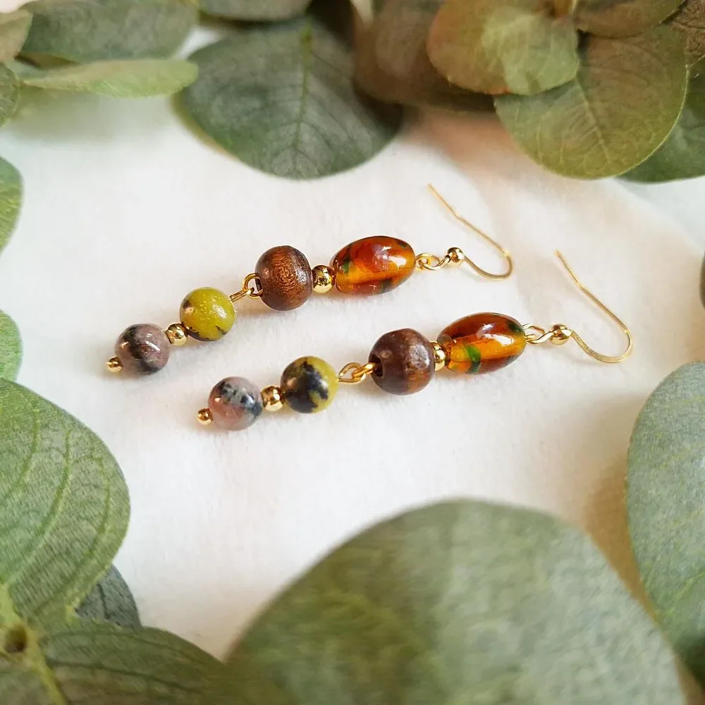 Green Serpentine, Lampwork Glass, & Wood Beaded Dangle Earrings